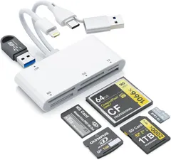 【2025新設計】SDカードリーダー 6-in-3 メモリカードリーダー Type C/USB A/Lightnin から CF/XD/MS/Micro SD/SD USB3.0 5Gbps OTG アダプター USBポート付き マルチメモリカードリ ...