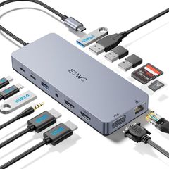 JESWO 14 in 1 USB C 도킹 스테이션 USB 허브 Tpye-C에서 4K@30Hz 듀얼 HDMI 확장/1080p VGA/100W PD 급속 충전/5Gbps USB A 3.0*2+USB C 3.0*1+USB2 ...