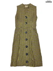 古着 Manford 前開き チェック柄 コットン ロング丈 ノースリーブ ワンピース 黄 (otu2509016)