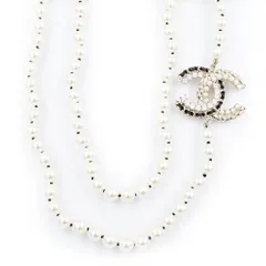 シャネル AB9084 チェーン ココマーク パール ラインストーン ホワイト シャンパンゴールド ブラック ロング ネックレス 箱付 CHANEL（新品・未使用品）