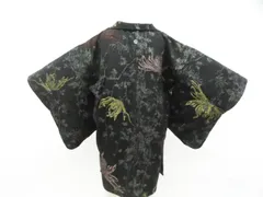 【京松】アンティーク 羽織 黒羽織 一つ紋 縫い取り 花 羽織紐付 正絹 着物 身丈約82cm 裄丈約61cm kyo8z02-285