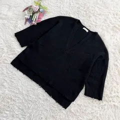 『SUM1 STYLE』スミスタイル　ダメージニットセーター　五分袖　深めVネック　袖裾ダメージ加工　earPAPILLONNER　イアパピヨネ　毛　黒(F)のサムネイル
