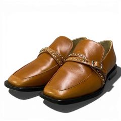 1b26 J&M DAVIDSON Studded Belt Loafers Leather Shoes for Women, Size 35, Tan Brown Cowhide Leather (20649N)