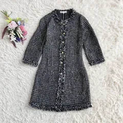 『ZARA』ザラ　ツイードワンピース　ミニ　七分袖　金ボタン　ノーカラー　フリンジ　綿　コットン　ウール　黒(XS)