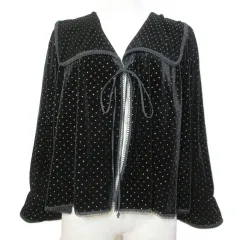 ビアプレイン VIAPLAN タグ付き ジャケット カーディガン 9分袖 韓国 ベロア ドット 水玉 セーラーカラー 前結び 黒 ブラック /X