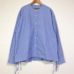 美品 Bshop別注 nicholson&nicholson MARY ドローストリングブラウス バックギャザー バンドカラー ストライプシャツ ゆったりめ ブルー FREE相当のサムネイル