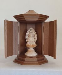 特価・新品】 日蓮聖人 三宝尊 厨子入り 紅檀 金泥 総高さ約21