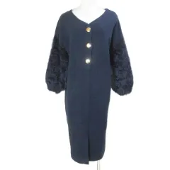 トラッゾドンナ Torrazzo Donna ニットワンピース 袖フェイクファー ロング 長袖 Vネック 紺 ネイビー /X