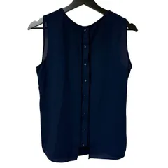 B100 ZARA バックボタン×ドレープ シフォンブラウス ネイビー ノースリーブ ポリエステル100%