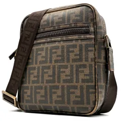 美品 FENDI フェンディ ショルダーバッグ ポシェット ズッカ スクエア FF柄 総柄 PVC コーティングキャンバス レディース メンズ ブラウン 茶 斜め掛け