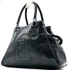 激レア・美品 FENDI フェンディ エトニコ ヌバッグ トートバッグ ズッカ FF パンチング 肩掛け 大容量 編み込みハンドル レディース ブラック ターコイズブルー