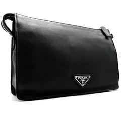 美品 PRADA プラダ クラッチバッグ セカンドバッグ ヴィッテロシティ 三角ロゴ プレート レザー 白タグ ファスナー開閉 メンズ ブラック 黒