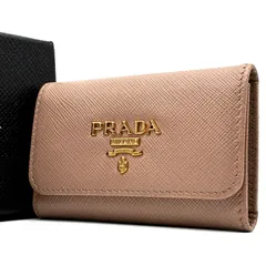 未使用に近い PRADA プラダ キーケース 4連 サフィアーノレザー ロゴ レディース ピンクベージュ