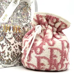 正規品 Christian Dior クリスチャンディオール ポーチ タオルバッグ パイルバッグ トロッター ロゴ 総柄 巾着 内部防水 レディース ピンク ホワイト