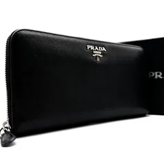 美品 PRADAプラダ 長財布 サフィアーノレザー ラウンドジップ ファスナー ロゴ レディース メンズ ユニセックス バイカラー 大容量 ブラック 黒