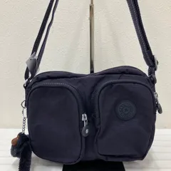 136　KIPLING　キプリング　ショルダーバッグ　 斜めがけ　紐調節可能　ネイビーパープル系　紫　 無地　ロゴ　前ポケット　ナイロン　軽量　 モンキーチャーム　レディース