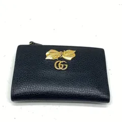 グッチ ２つ折り財布 GGマーモント リボン付き 革 黒 カード 小銭 GB267