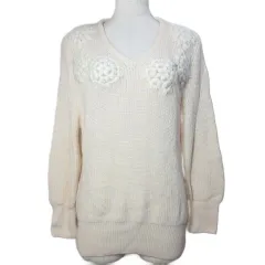 レリアン Leilian Corsini&Proti COLLECTION コルシーニ＆プローティ コレクション 美品 23AW ウールニット セーター 長袖 フラワーモチーフ フェイクパール Vネック 厚手 9 M相当 アイボリー /X