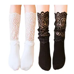 ふく福 可愛い ベビー キッズ 靴下 子供レース ハイソックス クルーソックス 女の子 ソックス フォーマル服用 発表会 卒園式 卒業式 入学式 結婚式 2足セット 黒白 (L(アダルト)) 0
