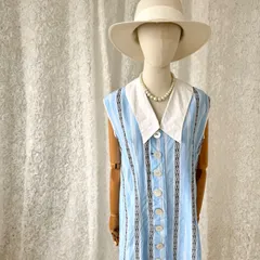 水色　ストライプ　白襟　レトロワンピース　民族調テープ柄