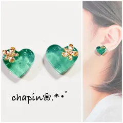 （ 1084 ）カボション ハート グリーン レジン ピアス イヤリング