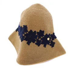 アシーナ ニューヨーク Athena New York タグ付き フラワーレース 麦わら帽子 ストローハット ベージュ ネイビー 紺 /KH