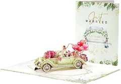 CAWKAY 3Dウェディングカード 結婚式 ブライダルカー 車 新郎新婦 カップル 送り状 立体ポップアップ 折りたたみ お祝い 記念日 (グリーン)