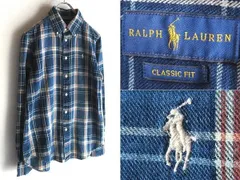 RALPH LAUREN ラルフローレン CLASSIC FIT ポロポニーロゴ刺繍 コットン インディゴ染色 チェックシャツ BDシャツ XS 藍色