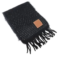 ロエベ LOEWE モヘアマフラー ストール ビジュー スパンコール アナグラム 起毛 シャギー フリンジ ウール モヘア モヘヤ 黒 ブラック 