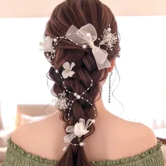 白 小花 リボン パール かすみ草 ヘアピン ツイテール ㉚ 結婚式 七五三　フラワー ベッドアクセサリー　髪飾り