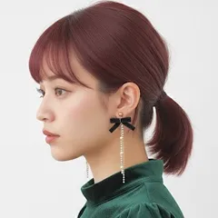 クリップイヤリング★ベロアリボン パール ラインストーン  ピアス/ イヤリング /イヤーカフ 結婚式 黒　ベルベットリボン　ロングピアス