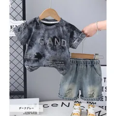 ダークグレー おしゃれプリント 2点 セットアップ 半袖 Tシャツ デニム ショートパンツ 上下セット キッズ ベビー服 男の子 女の子 春 夏 韓国子供服  80cm 90cm 100cm 110cm 120cm