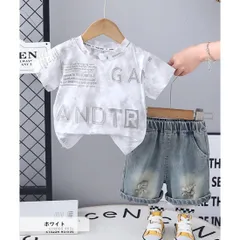 ホワイト おしゃれプリント 2点 セットアップ 半袖 Tシャツ デニム ショートパンツ 上下セット キッズ ベビー服 男の子 女の子 春 夏 韓国子供服  80cm 90cm 100cm 110cm 120cm