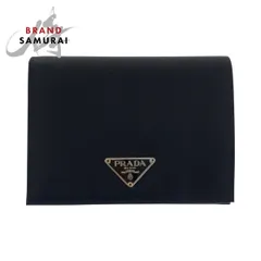 美品 PRADA プラダ テスート サフィアーノ 三角ロゴプレート ブラック シルバー金具 ナイロン/レザー 折財布 コンパクトウォレット 600074【中古】