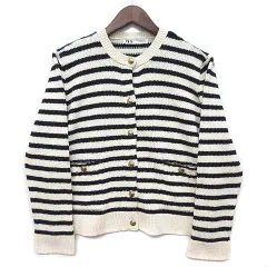 ザラ ZARA マリン ボーダー ニット カーディガン クルーネック 錨金釦 アイボリー ネイビー M 3991/029/105 美品