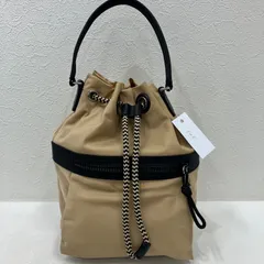 125　COLE HAAN　コールハーン　 ハンドバッグ　巾着型　ベージュ×ブラック系　 ナイロン　レザー　無地　ロゴ　ドローストリング　レディース