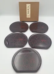 越前塗 沈朱 牡丹彫 銘々皿 久峰 越前漆器 伝統工芸品 漆器 半月 5枚セット 未使用保管品 和食器 【11648】