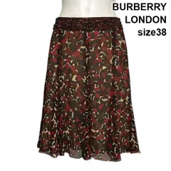 ◇ バーバリーロンドン BURBERRY フレアスカート 膝丈 総柄 Aライン シフォン 赤系 マルチカラー 絹100％ 38 M 9号 レディース S6B474