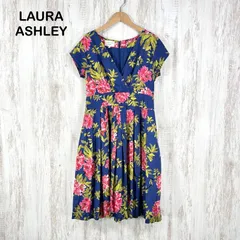 Laura Ashley ローラアシュレイ ボタニカル 花柄 総柄 カシュクール Aライン フレア ワンピース ブルー
