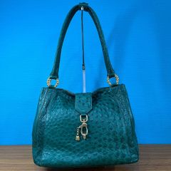 JRA認定 美品 オーストリッチ 2way 巾着 ショルダーバッグ グリーン