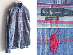Ralph Lauren ラルフローレン CUSTOM FIT ポロポニーロゴ刺繍 コットン チェックシャツ BDシャツ M ブルー 青 国内正規品