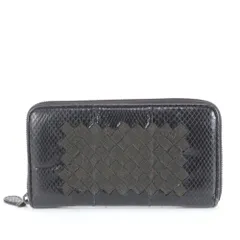 美品 ボッテガヴェネタ イントレチャート 編みこみ パイソン レザー 長財布 ロング ウォレット ラウンドファスナー メンズ REE DK35-4【中古】