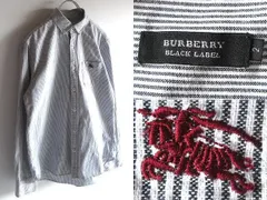 希少 BURBERRY BLACK LABEL バーバリーブラックレーベル ホースロゴ刺繍 ヒッコリーストライプ BDシャツ 2 ネイビー ホワイト