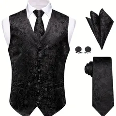 ベスト ネクタイ チーフ 3点セット 003 黒 スーツ チョイ悪 紳士 結婚式 二次会 成人式 メンズ ファッション ヤクザ オラオラ ホスト 派手