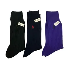 未使用  ポロ ラルフローレン メンズ 靴下 ソックス スクールソックス リブ 25-27ｃｍ 3足セット POLO RALPH LAUREN ネイビー 紺 パープル 紫 ブラック 黒 ワンポイント刺繍 無地リブ ミドル丈 サンプル品