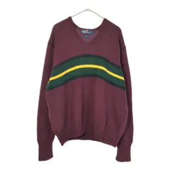 90年代 Polo by Ralph Lauren ポロ ラルフローレン コットンニットセーター ストライプ ワインレッド(メンズ XL)中古 古着 X3227