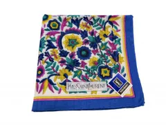 未使用 イヴサンローラン ハンカチ スカーフ  レディース 　綿　100％ ブルー ホワイト ピンク 草木柄 花柄 YSL  YVES SAINTLAURENT