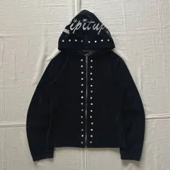 00s　archive　The originalttu® EXHIBITIONIST　ベロア　短丈　フルジップアップ　パーカー　弾痕調モチーフ　スパンコール　シルバー　フードスラングロゴ刺繍　黒　M　平成ギャル　Y2K　velour zip-up parka