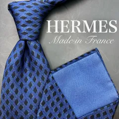 【美品】HERMES ネクタイ ドット 格子柄 ネイビー 紺 ブランドロゴ入り