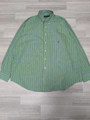 NAUTICA ストライプ 長袖シャツ XXL グリーン ボタンダウン